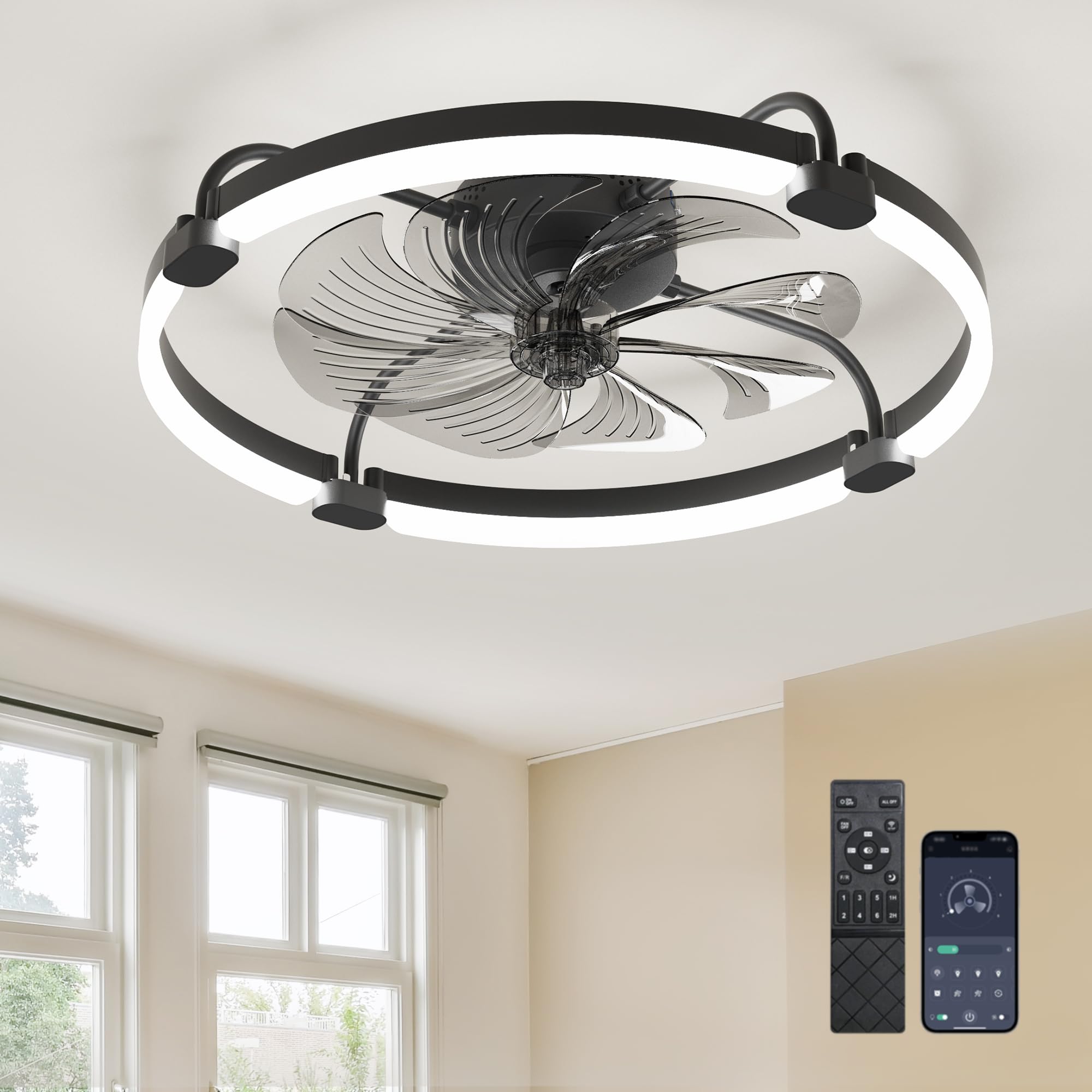 Ensenior 24-inch low-profile fan-light, front view, space-saving design for bedrooms