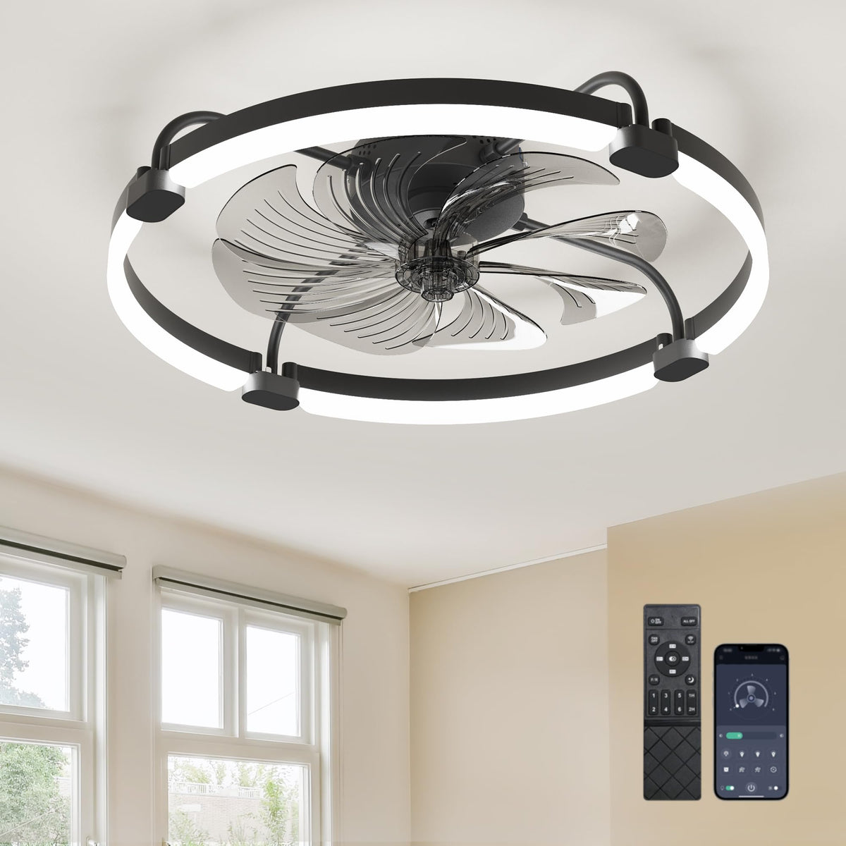 Ensenior 24-inch low-profile fan-light, front view, space-saving design for bedrooms