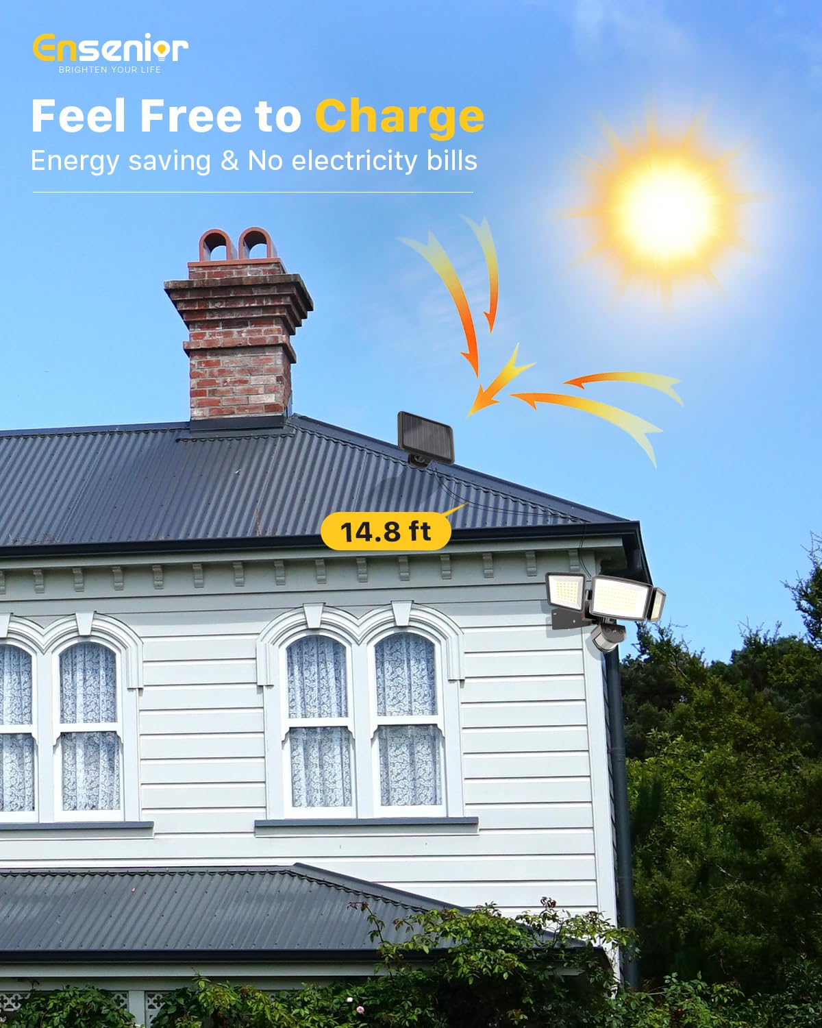 Ensenior 3-head 270-degree beam highlights wide-area coverage for pathways and yards.