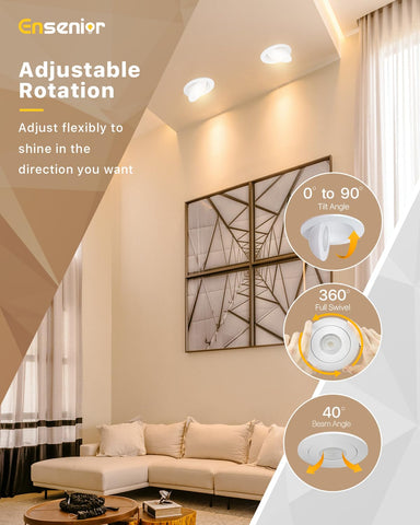 Ensenior 4-inch gimbal LED recessed light tilts 90° for precise room illumination.