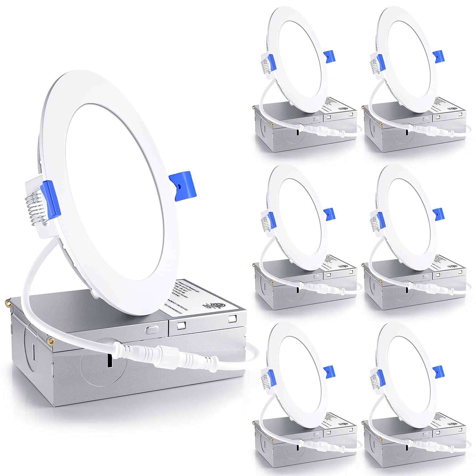 Ensenior 6-pack 4-inch LED recessed light close-up showing slim wafer design for a modern ceiling look