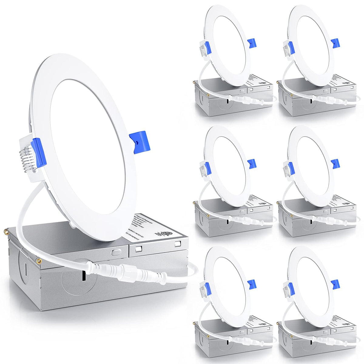 Ensenior 6-pack 4-inch LED recessed light close-up showing slim wafer design for a modern ceiling look