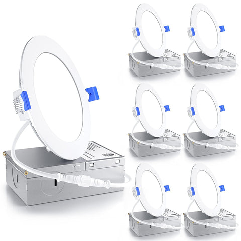 Ensenior 6-pack 4-inch LED recessed light close-up showing slim wafer design for a modern ceiling look