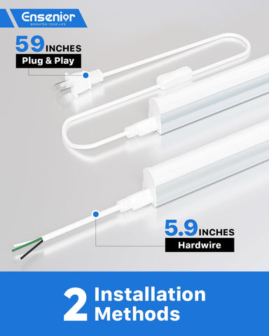Ensenior 6-pack T5 LED shop light installed in a garage over a workbench.