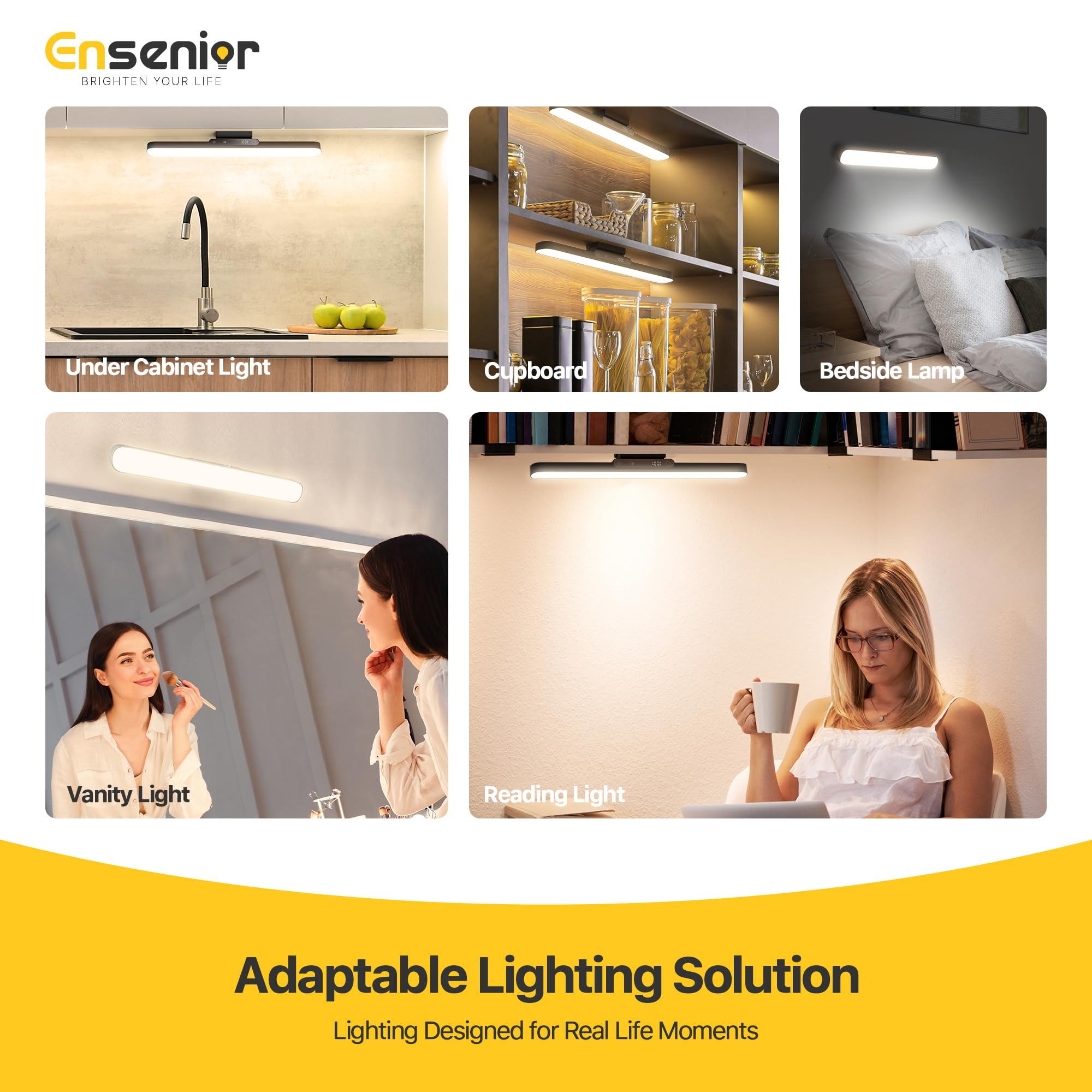 Ensenior rechargeable design powers durable, long-lasting use in kitchen and bathroom.