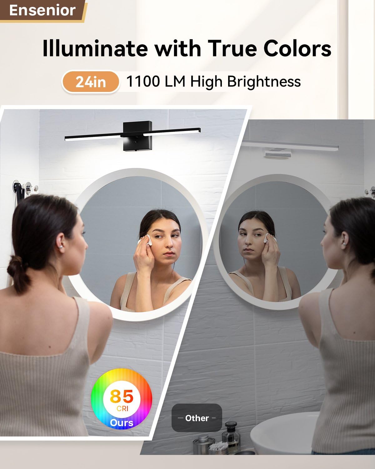 Ensenior ETL and FCC certified vanity light for safe installation.