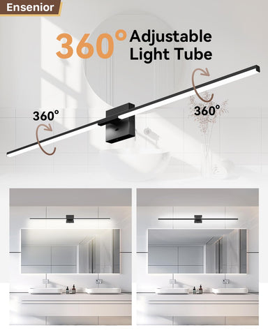 Ensenior black bar vanity light with 360-degree rotatable tube for precise illumination.