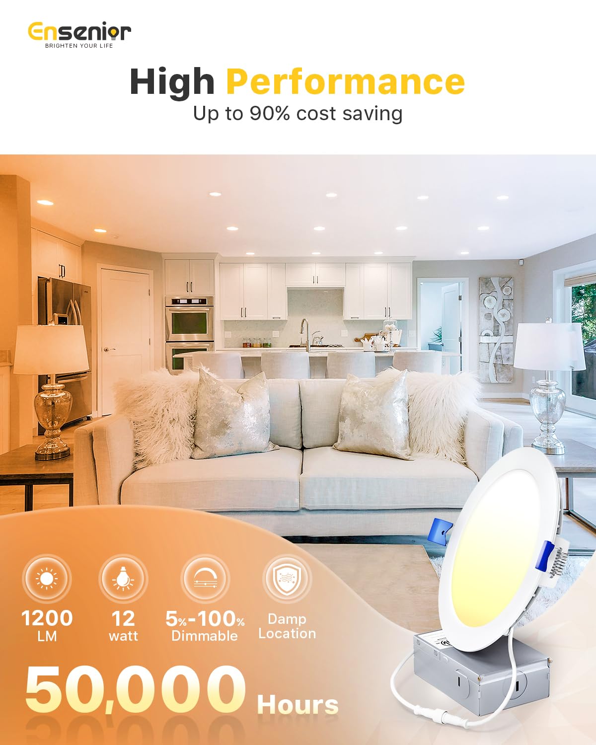 Ensenior canless 6-inch wafer light, dimmable for flexible room lighting.