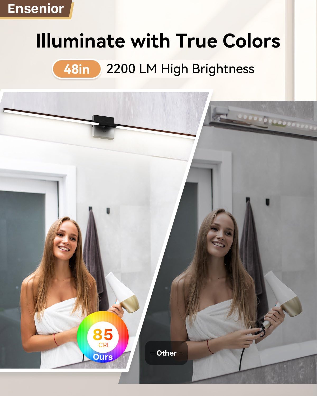 Ensenior vanity light with built-in dimmer for energy-saving brightness control.
