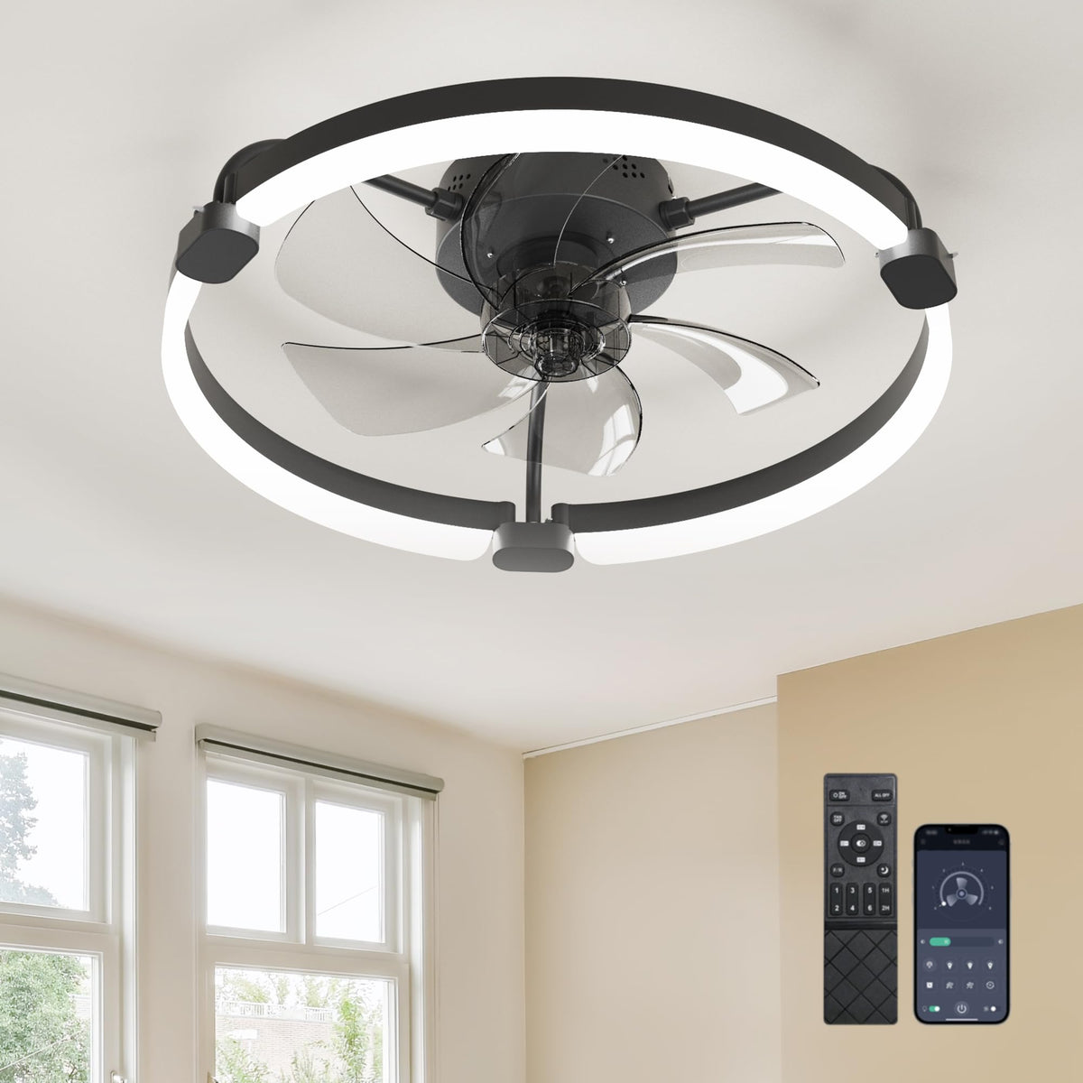 Ensenior black fandelier ceiling fan, front view showing integrated light