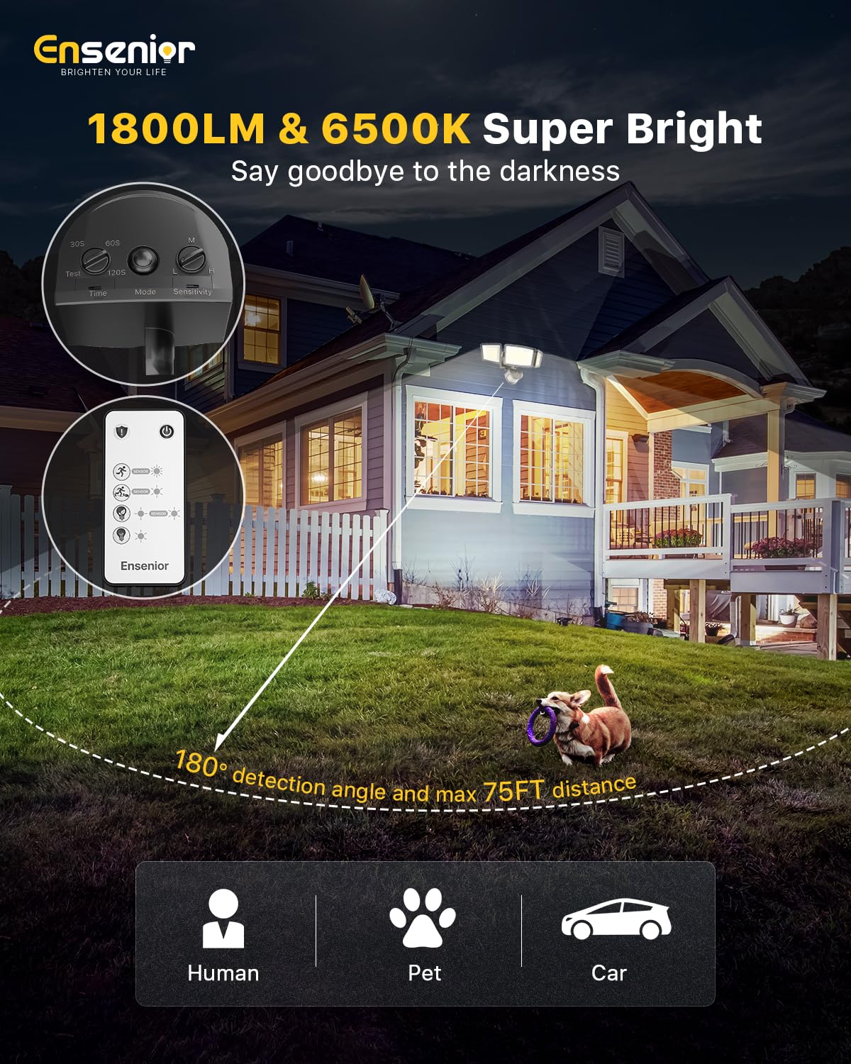 Ensenior IP65 waterproof outdoor light withstands rain and dust for lasting use.