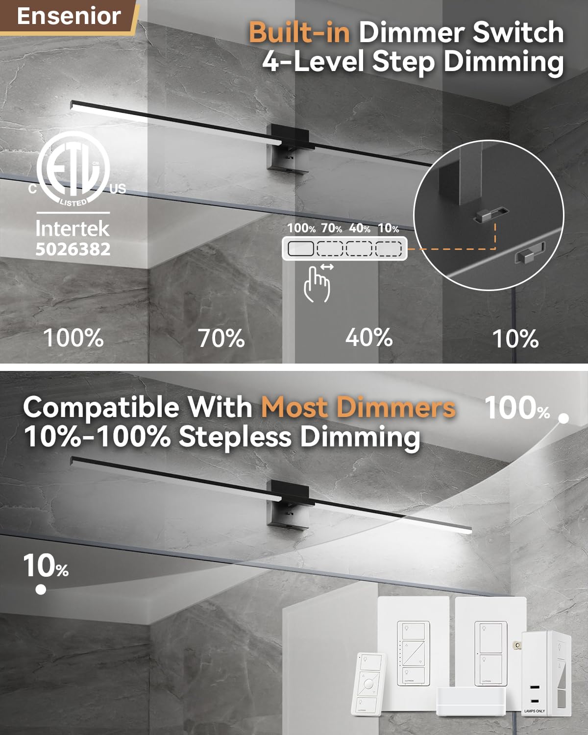 Ensenior LED 5CCT vanity light offering warm to cool tones for bathroom tasks.