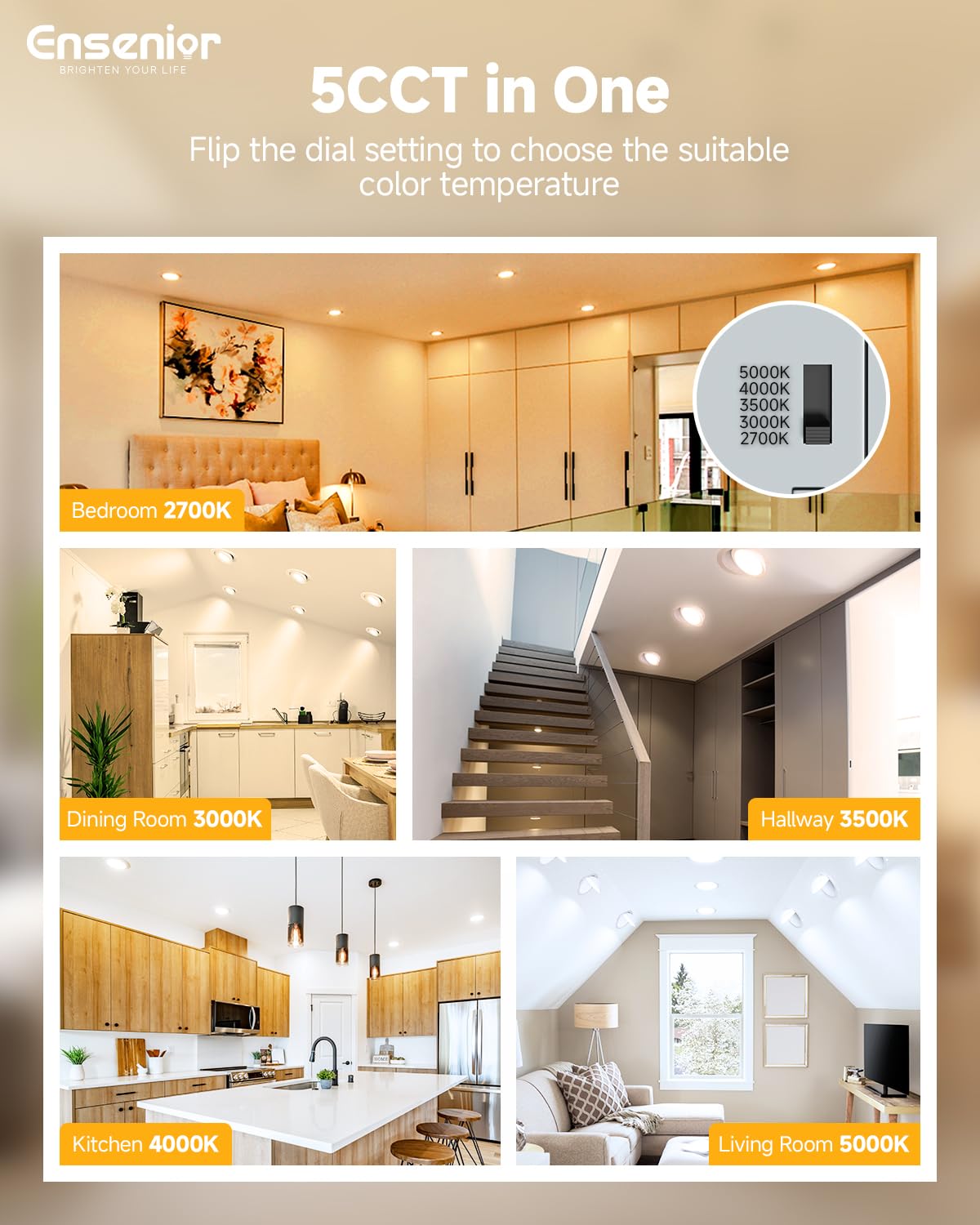 Ensenior LED downlight offers five color temperatures for any mood.
