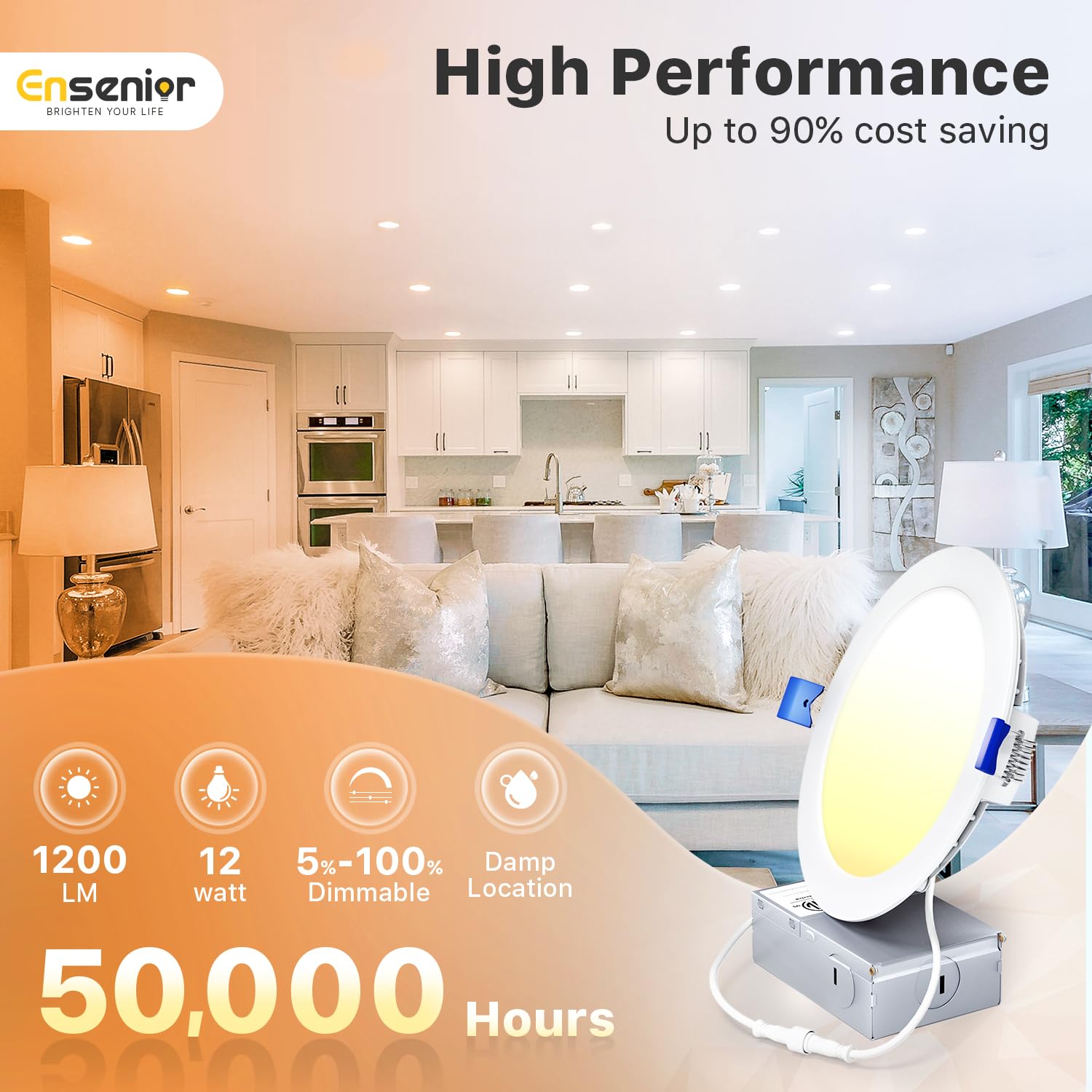 Ensenior dimmable downlight with 2700K–5000K for versatile ambience.