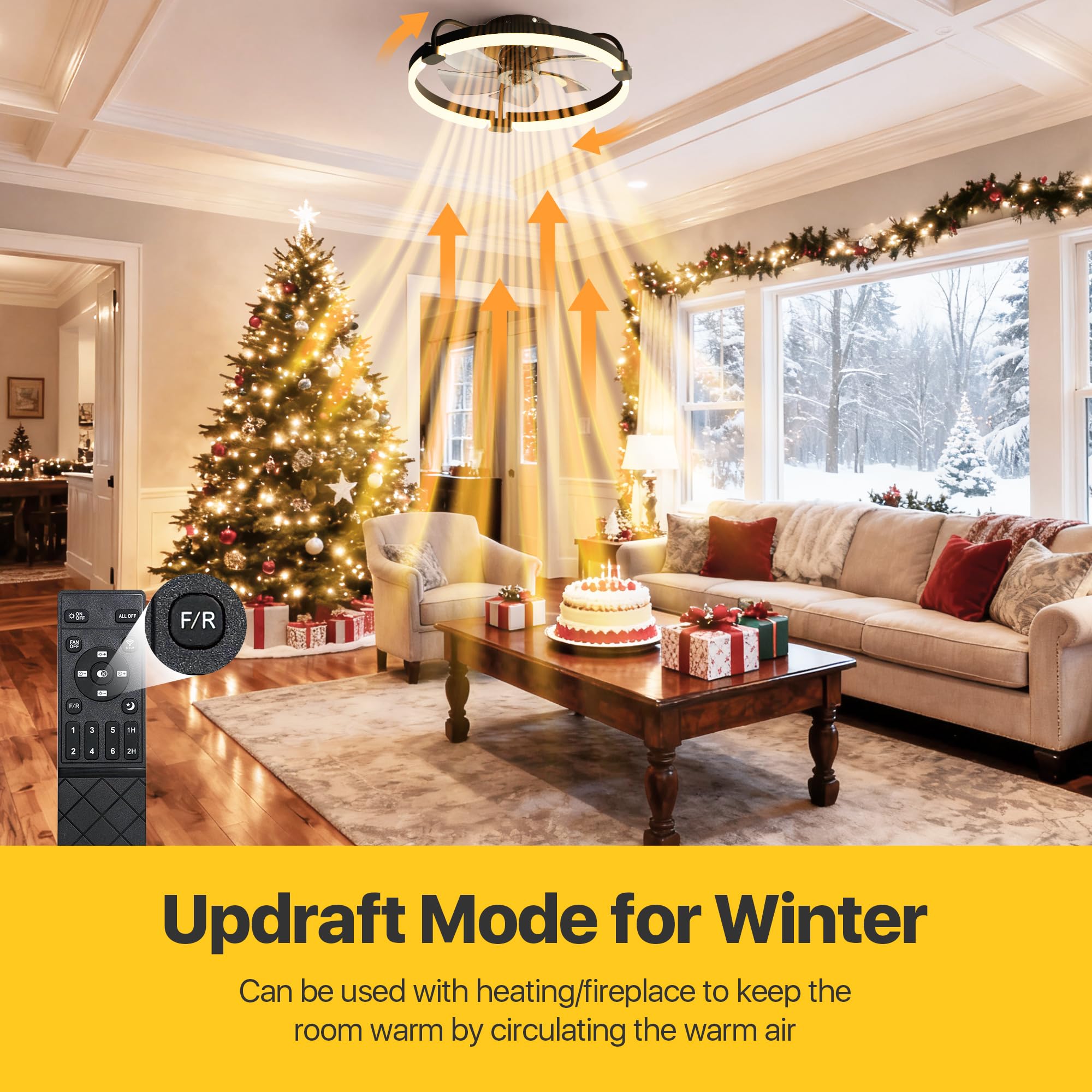 Ensenior low-profile ceiling fan with light in black, side angle