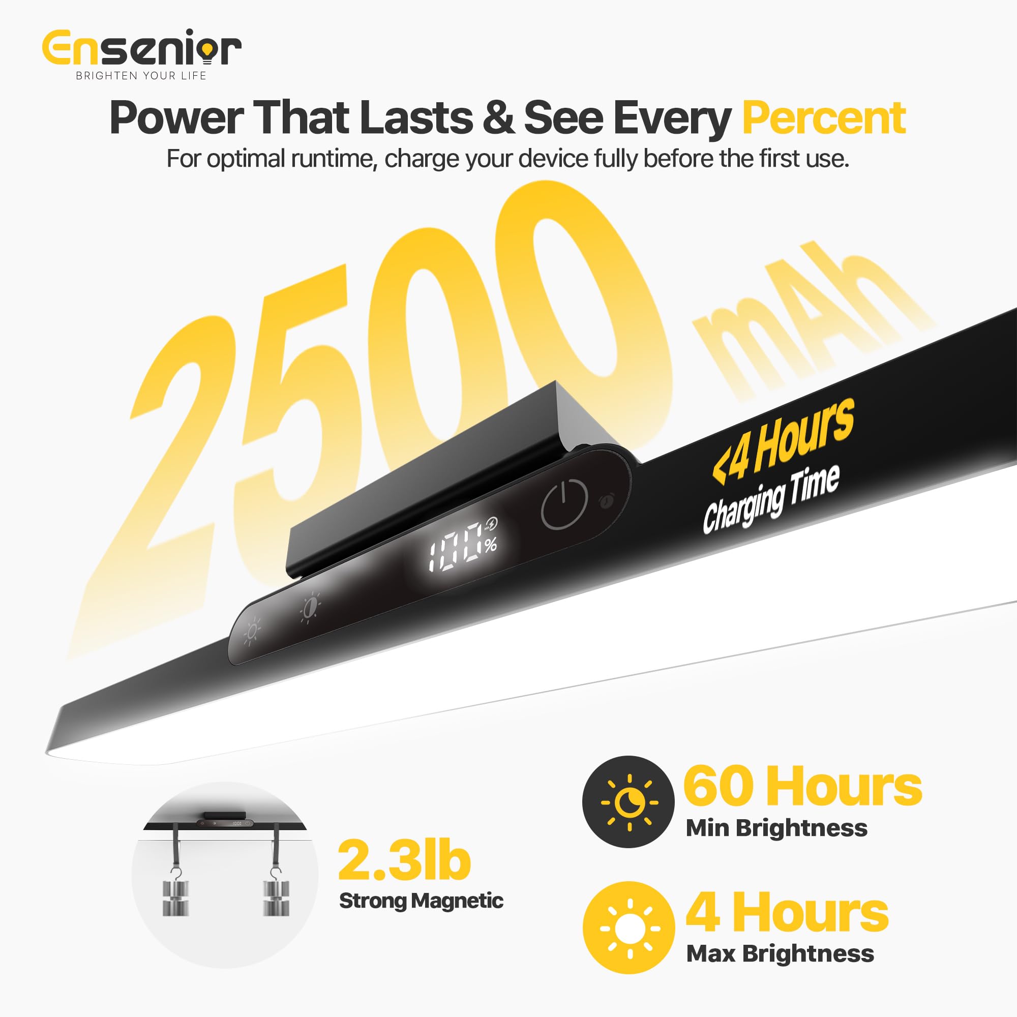 Ensenior magnetic light bar tilted up to 130 degrees for precise task lighting.
