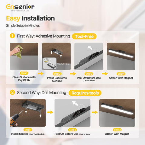 Ensenior battery-powered lighting with 4-hour max runtime at full brightness.