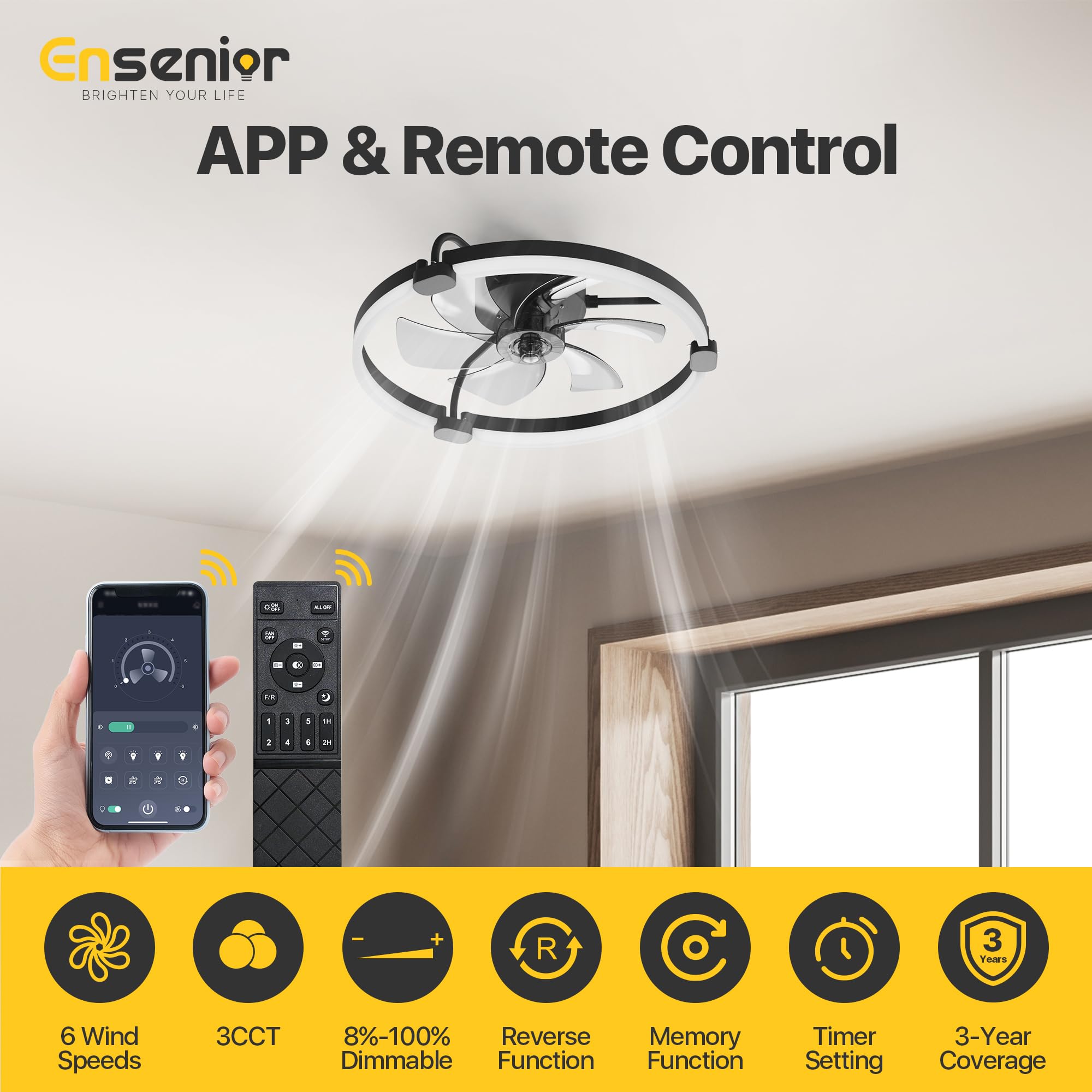 Ensenior remote control for black ceiling fan, easy wireless operation