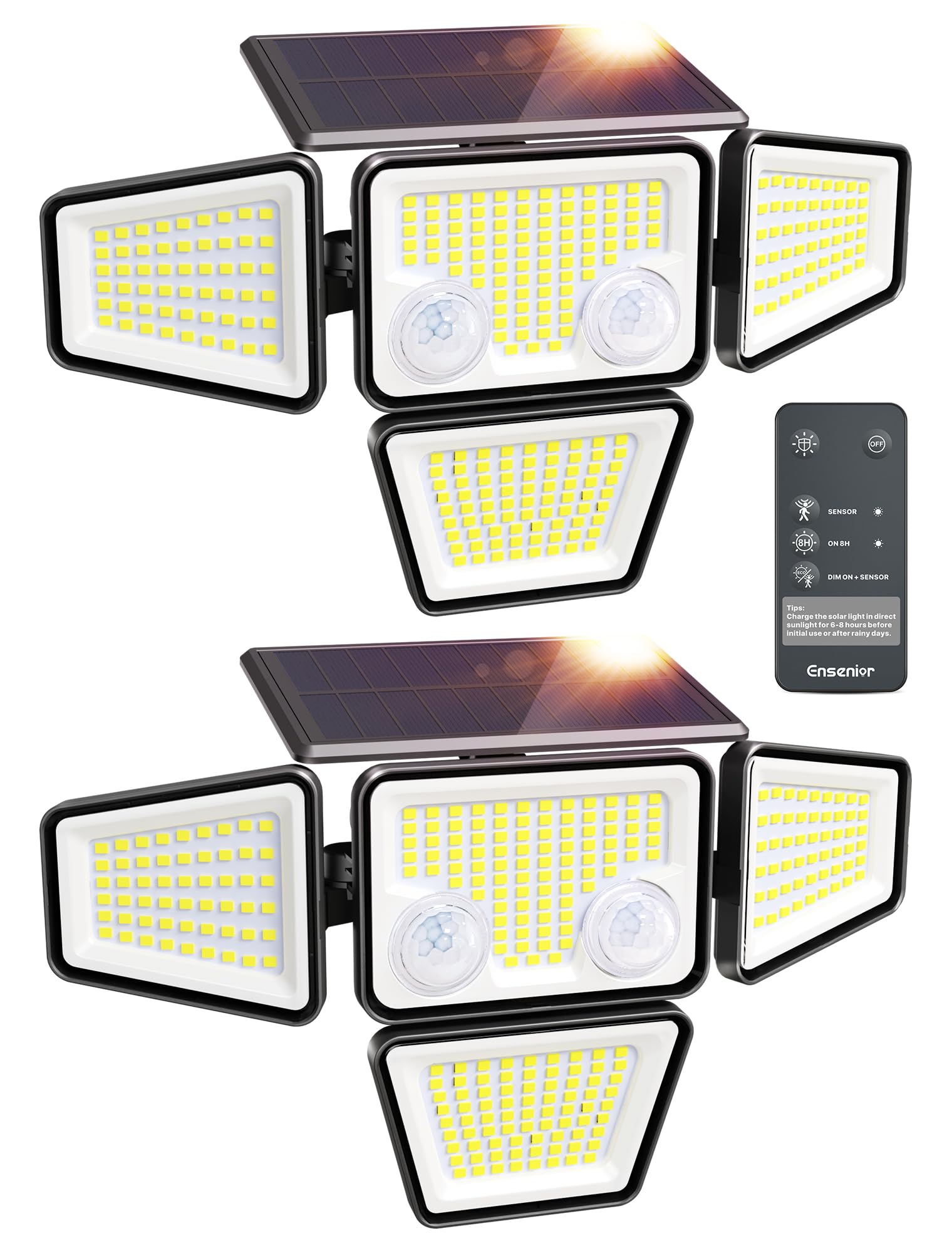 Ensenior four-head solar lights mounted on wall for wide outdoor illumination