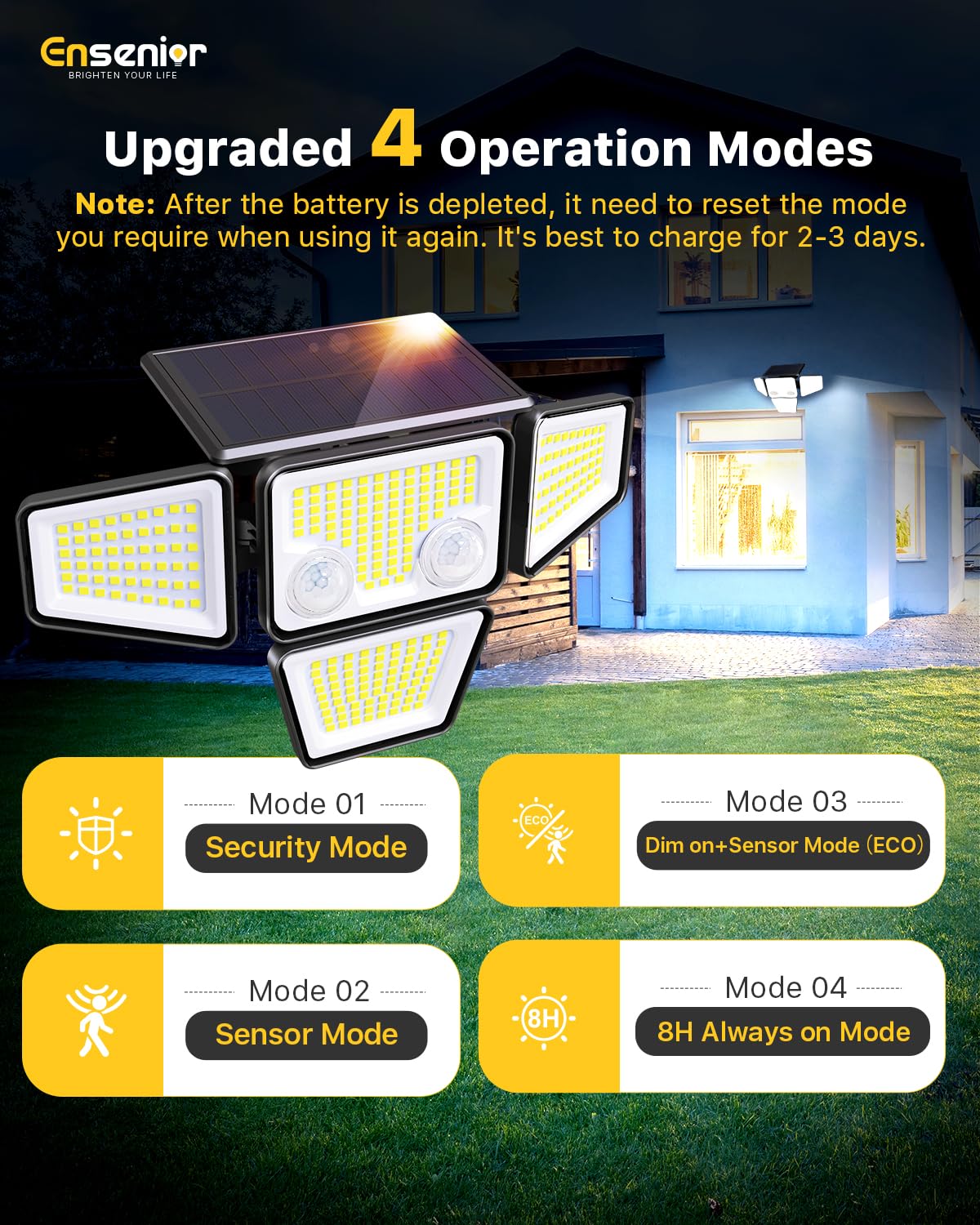 Ensenior IP65 waterproof solar lights withstand rain and snow