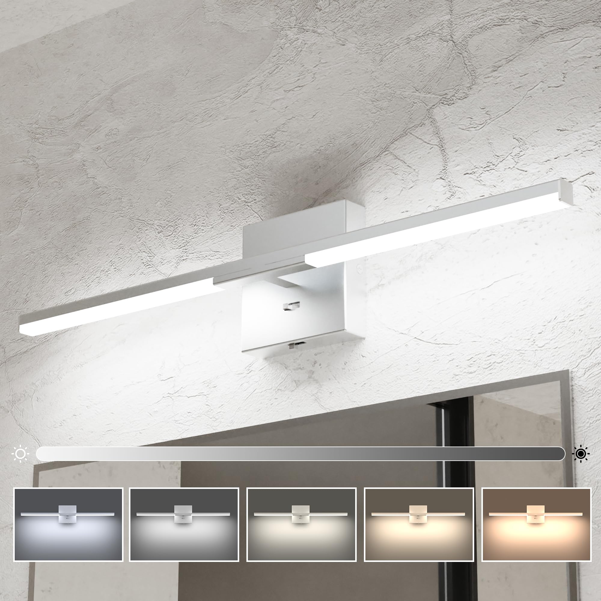 Ensenior vanity light over mirror, 24-inch span for bright bathroom illumination.
