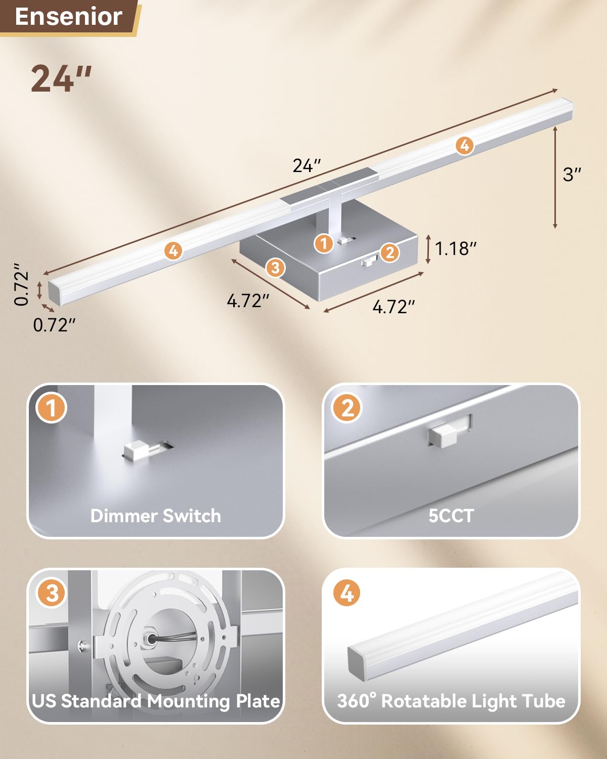 Ensenior fixture is FCC and ETL certified for safe bathroom lighting.
