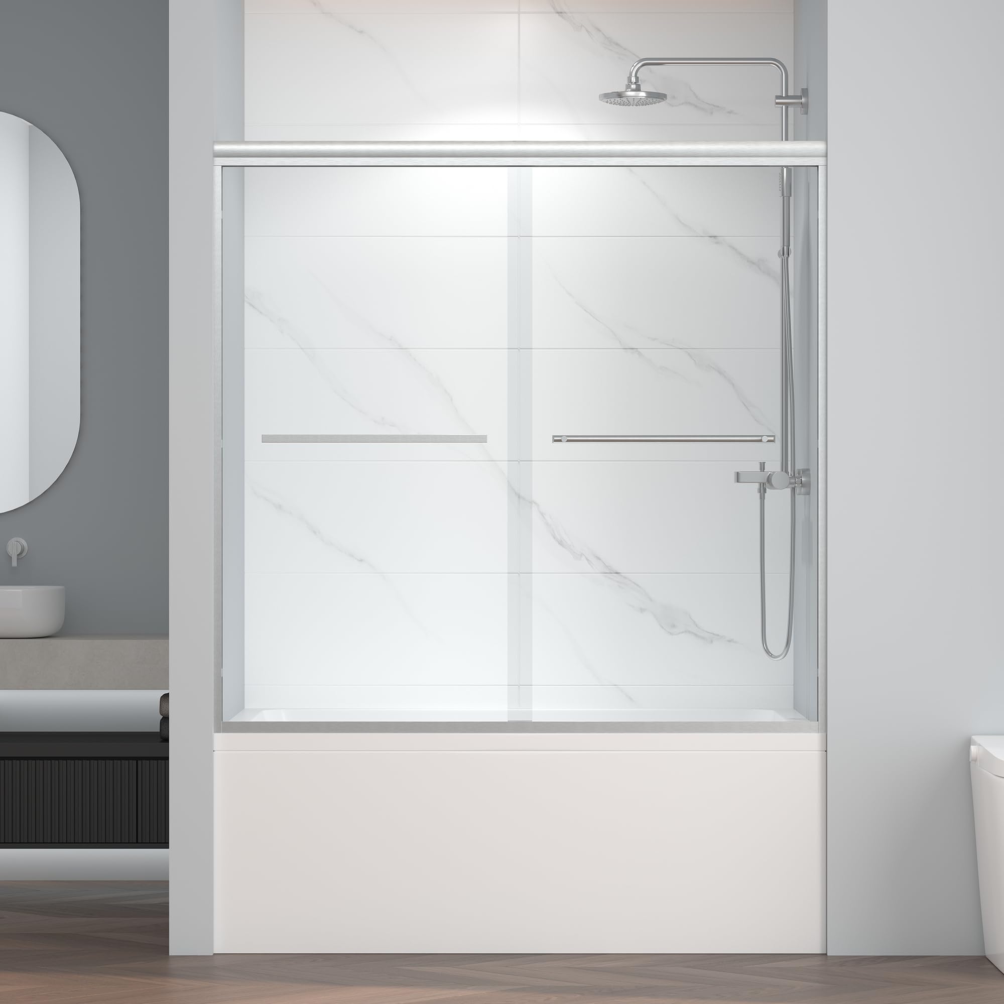 ENSO SENKA 60x58 semi-frameless door for easy tub access.