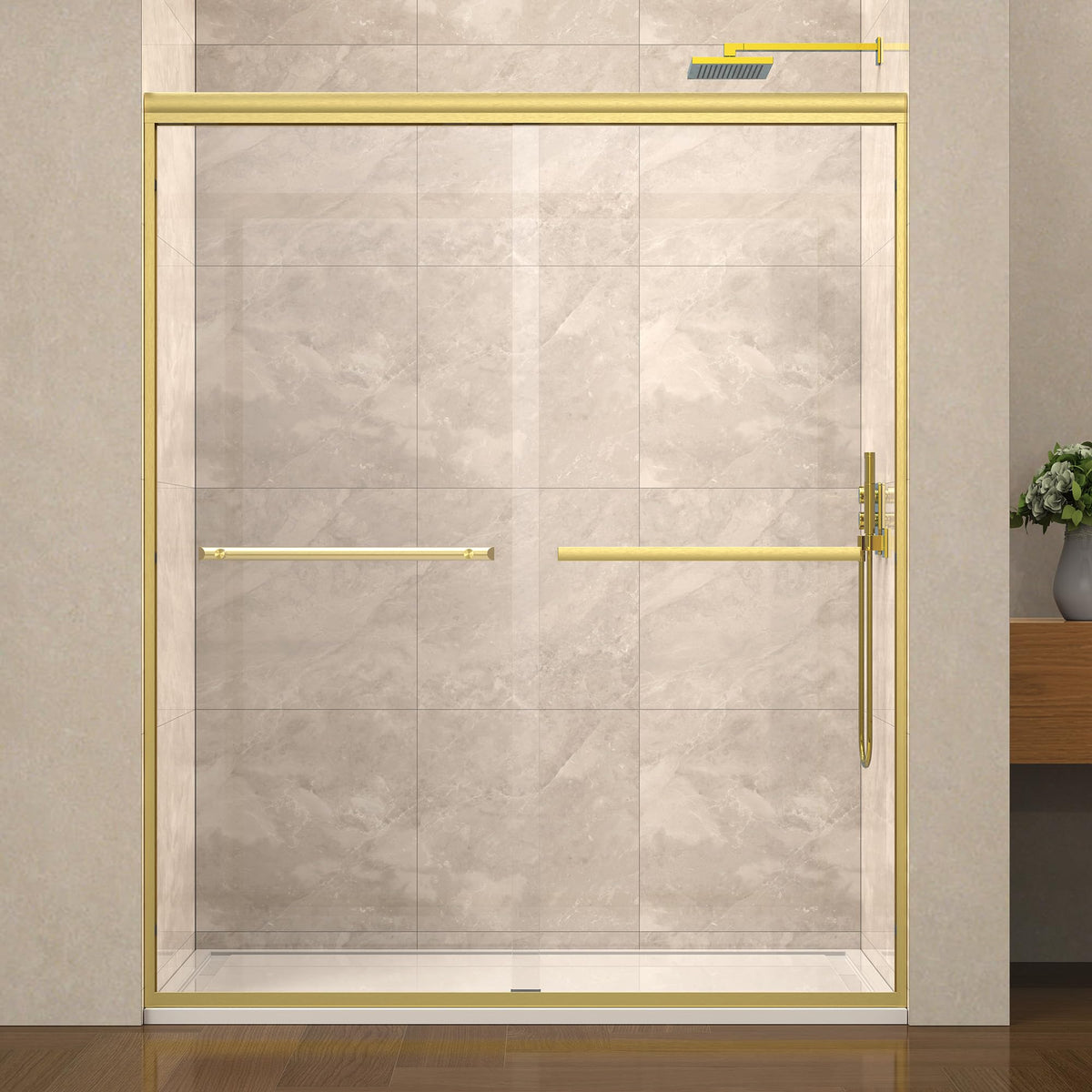 ENSO SENKA brushed gold shower door front view with elegant hardware for a luxe bathroom upgrade