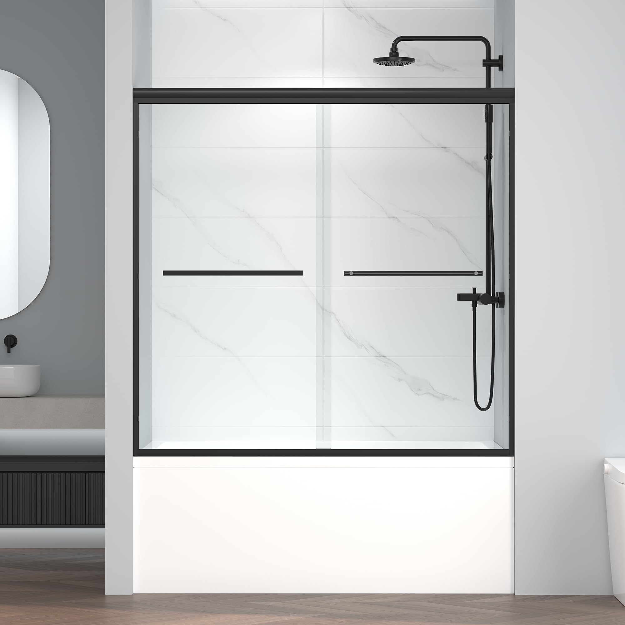 ENSO SENKA bypass door glass close-up with clear tempered glass for a bright, easy-to-clean look.