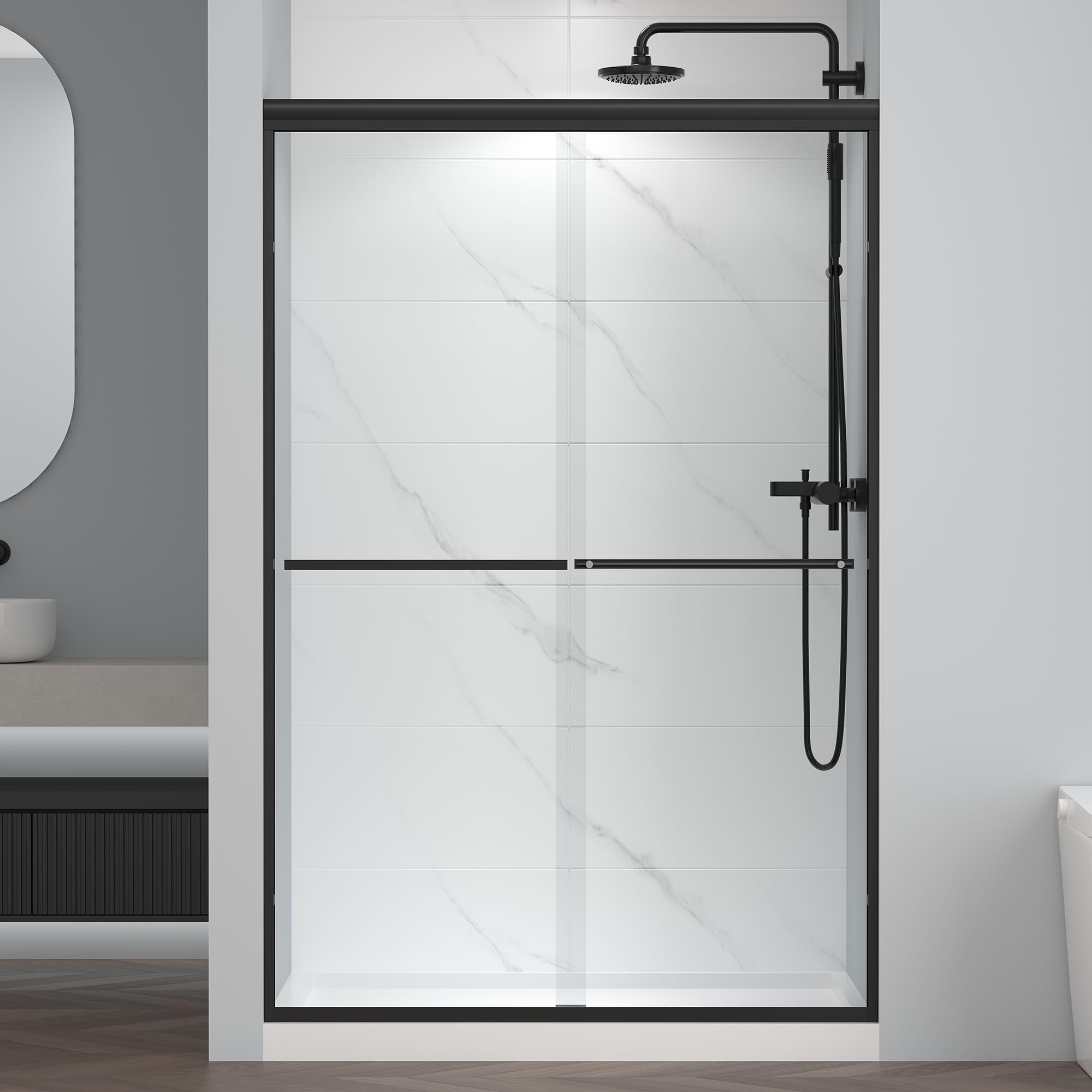 ENSO SENKA bypass shower door close-up of tempered glass with water-repellent coating.
