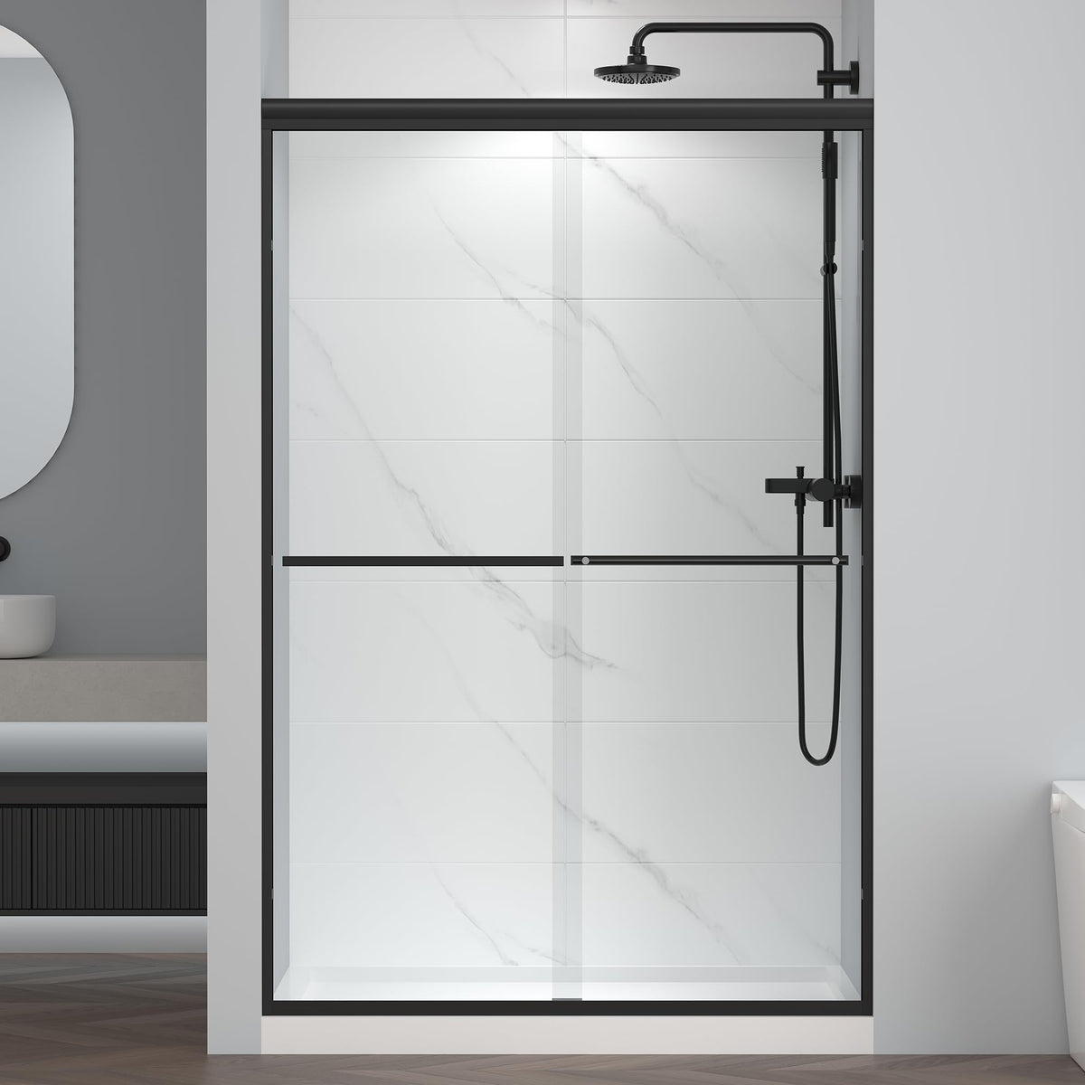 ENSO SENKA bypass shower door close-up of tempered glass with water-repellent coating.