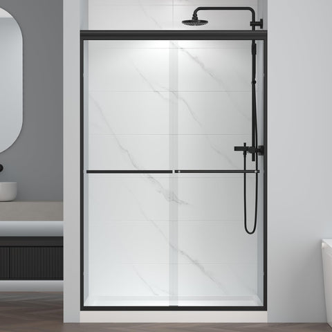 ENSO SENKA bypass shower door close-up of tempered glass with water-repellent coating.