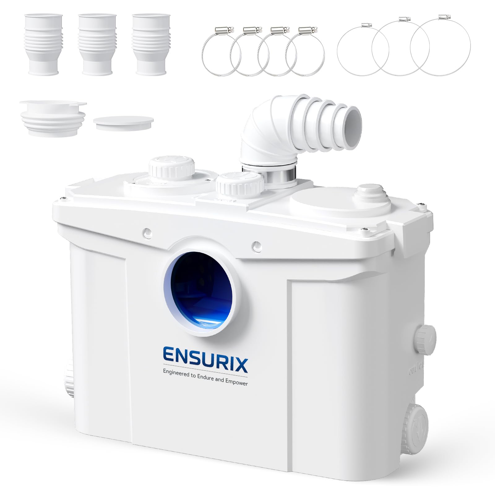 Ensurix macerator front view showing compact power for quick drainage