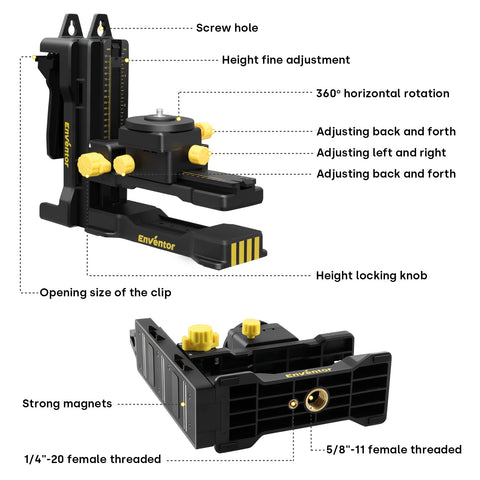 Enventor 1/4-20 male thread compatibility for laser levels.