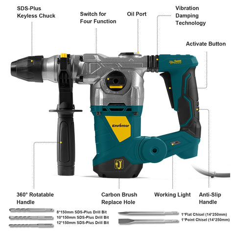 Enventor 4-function demolition hammer mode supports drilling, chiseling, and hammering