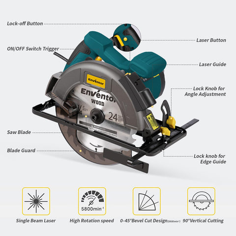 Enventor circular saw with 40T blade for fast cuts
