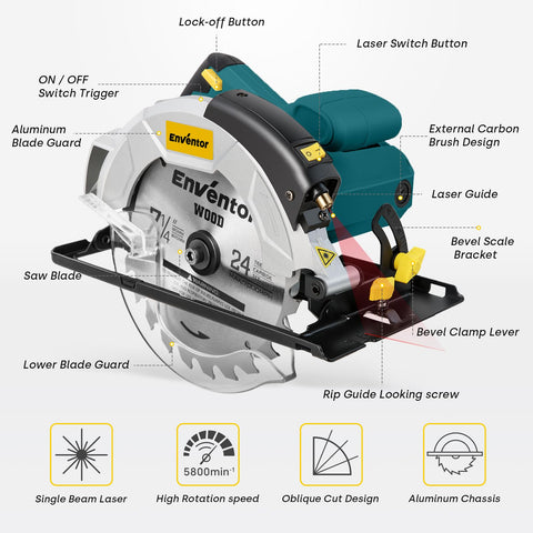 Enventor circular saw precise cutting scale helps align width and angle.