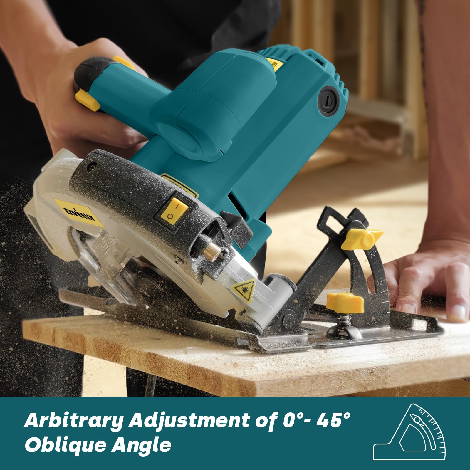 Enventor circular saw safety double-switch design prevents accidental starts.