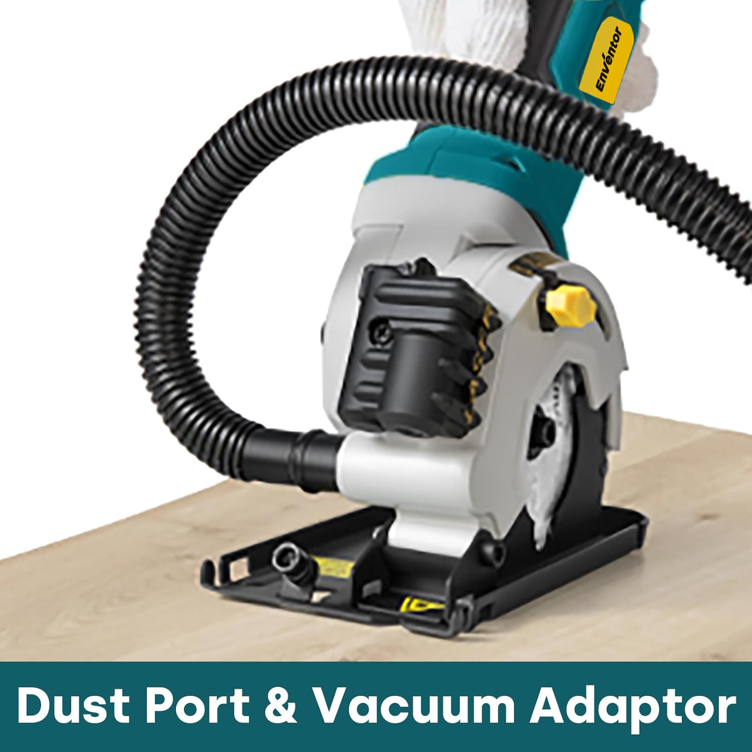 Enventor mini circular saw includes three blades for wood, metal, and tile.