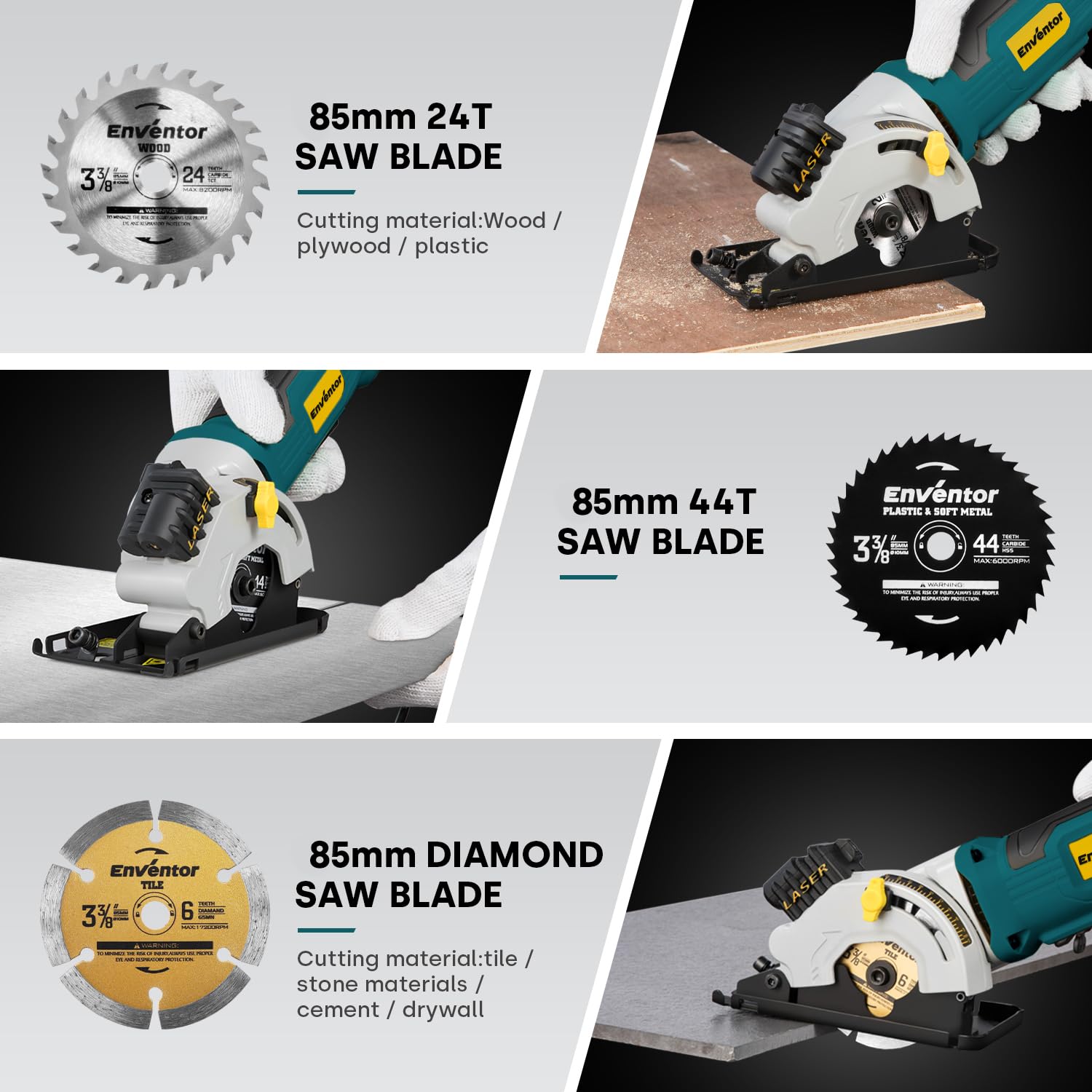 Enventor mini circular saw compact design for portable use indoors and outdoors.