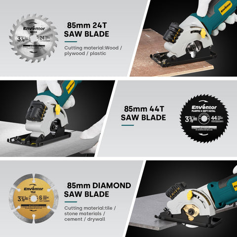 Enventor mini circular saw compact design for portable use indoors and outdoors.