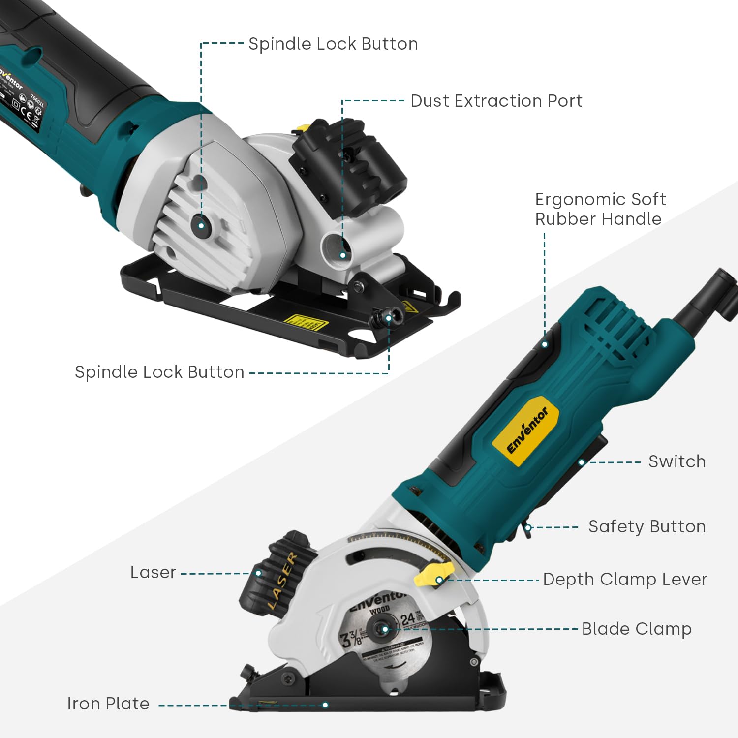 Enventor mini circular saw tile cuts with diamond blade for clean edges.