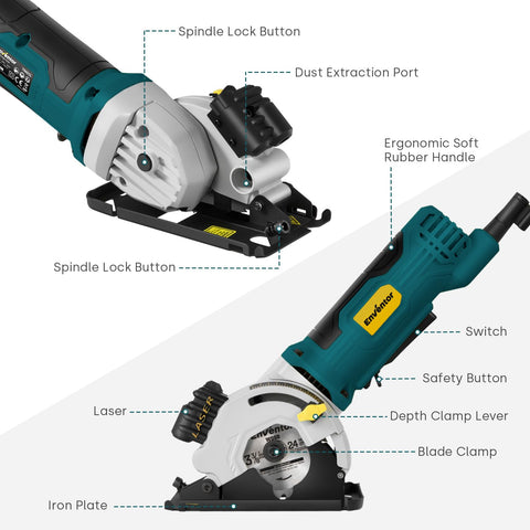 Enventor mini circular saw tile cuts with diamond blade for clean edges.