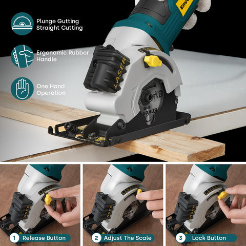 Enventor mini circular saw dust collection keeps the workspace tidy.