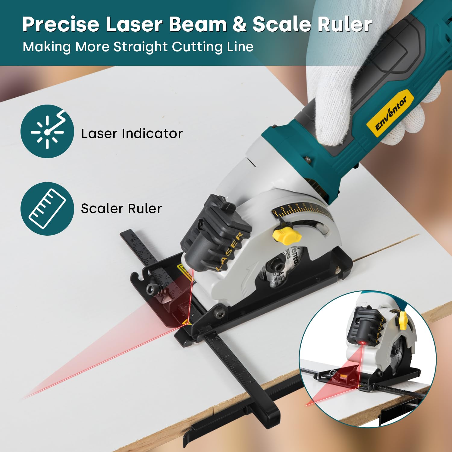 Enventor mini circular saw ergonomic handle reduces fatigue during use.