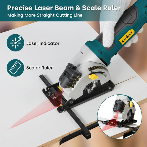 Enventor mini circular saw ergonomic handle reduces fatigue during use.
