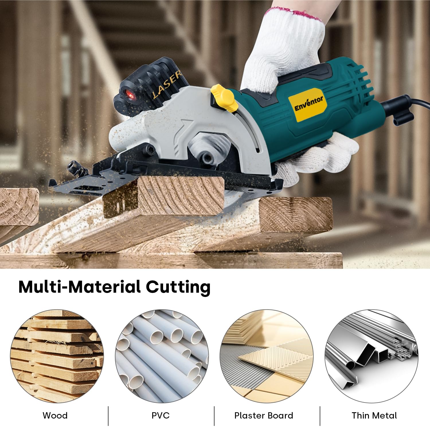 Enventor mini circular saw in action on a small woodworking project.