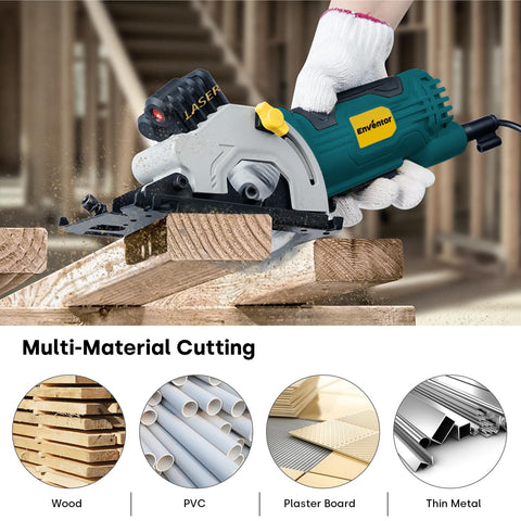 Enventor mini circular saw in action on a small woodworking project.