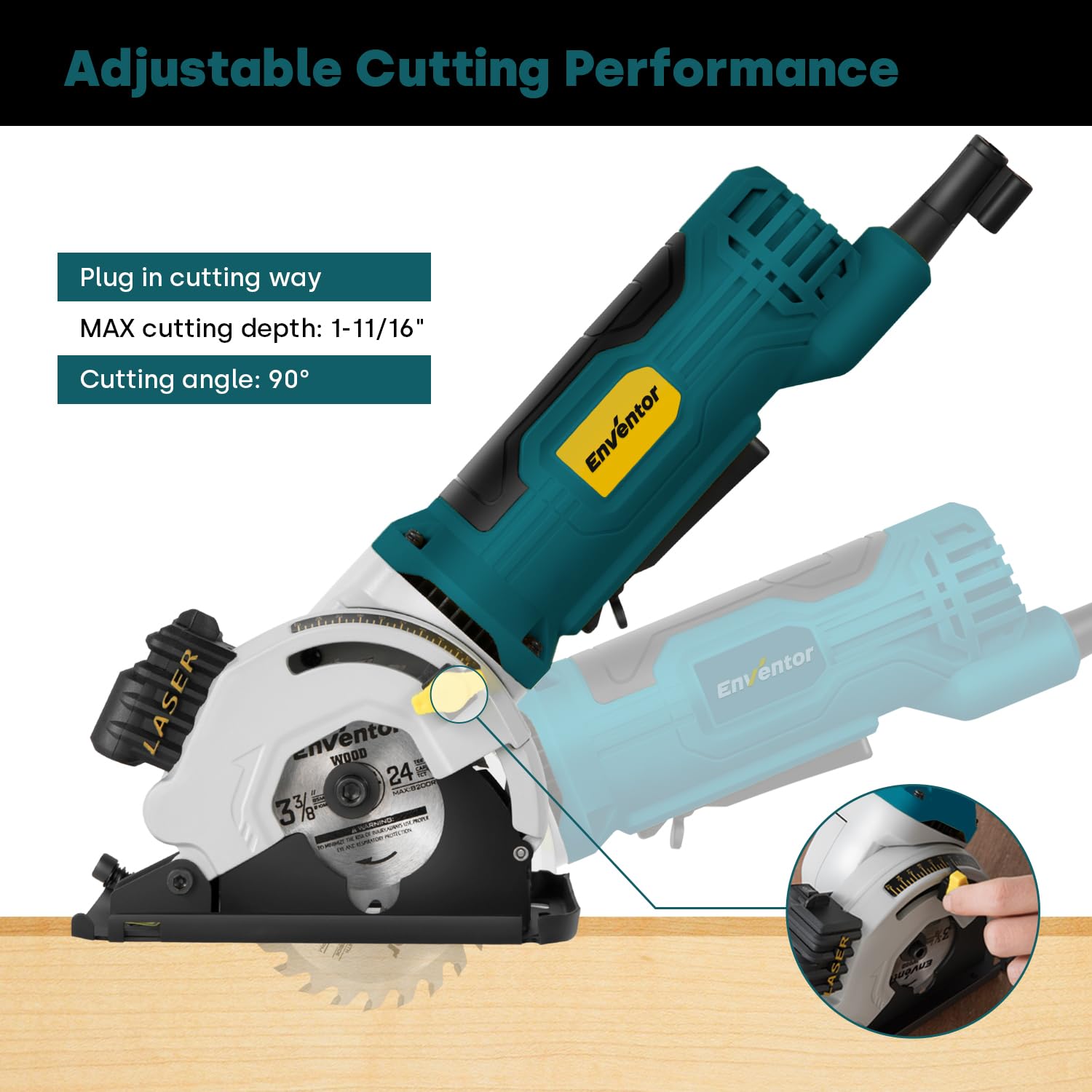 Enventor mini circular saw laser guide ensures straight, precise cuts.