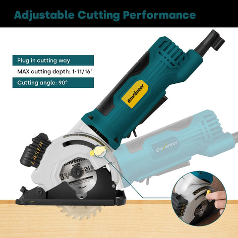 Enventor mini circular saw laser guide ensures straight, precise cuts.